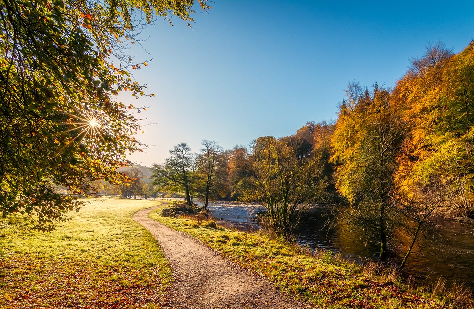 A brilliant autumn day with colorful trees and the sun shining over a path by a lake.